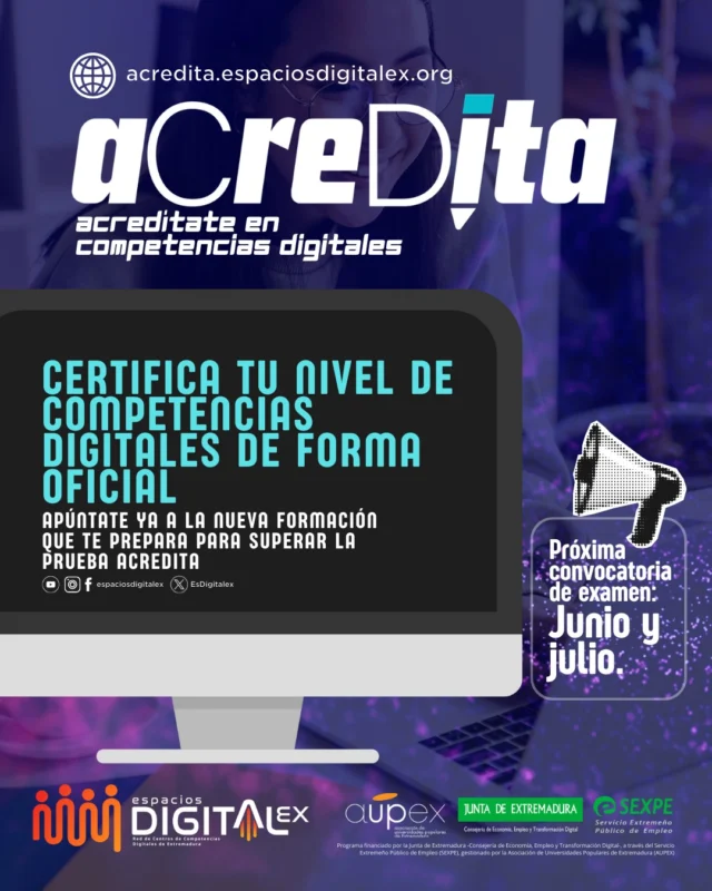 💥¡𝗡𝘂𝗲𝘃𝗮 𝗳𝗼𝗿𝗺𝗮𝗰𝗶𝗼́𝗻 𝗽𝗮𝗿𝗮 𝗮𝗰𝗿𝗲𝗱𝗶𝘁𝗮𝗿 𝘁𝘂 𝗻𝗶𝘃𝗲𝗹 𝗱𝗲 𝗰𝗼𝗺𝗽𝗲𝘁𝗲𝗻𝗰𝗶𝗮𝘀 𝗱𝗶𝗴𝗶𝘁𝗮𝗹𝗲𝘀! 

¿Quieres certificar oficialmente tu dominio digital?

👉Te preparamos para superar la prueba 𝗮𝗖𝗿𝗲𝗗𝗶𝘁𝗮, una herramienta clave impulsada por Espacios Digitalex y el Sexpe que acredita de forma 𝗼𝗳𝗶𝗰𝗶𝗮𝗹 tu nivel de #CompetenciasDigitales.

🌐 Basada en el Marco Europeo #DigComp, esta formación incluye sesiones prácticas y contenidos aplicados en áreas clave:

📌 Información y alfabetización digital.
📌 Comunicación y colaboración online.
📌 Creación de contenidos digitales.
📌 Seguridad en la red.
📌 Resolución de problemas.

👉 Contacta ya con tu Espacio Digital de referencia y asegura tu plaza para presentarte con confianza a la prueba 𝗮𝗖𝗿𝗲𝗗𝗶𝘁𝗮 ‼️La 𝗽𝗿𝗼́𝘅𝗶𝗺𝗮 𝗰𝗼𝗻𝘃𝗼𝗰𝗮𝘁𝗼𝗿𝗶𝗮 es en junio y julio.

✅ Cada vez más ofertas de trabajo exigen acreditar tu nivel de competencias digitales👉 Esta formación refuerza tu #empleabilidad y te nuevas puertas en la sociedad digital.

🎯 Importante: si ya te presentaste a la prueba 𝗮𝗖𝗿𝗲𝗗𝗶𝘁𝗮 y no superaste el examen, es obligatorio realizar esta formación para volver a examinarte.