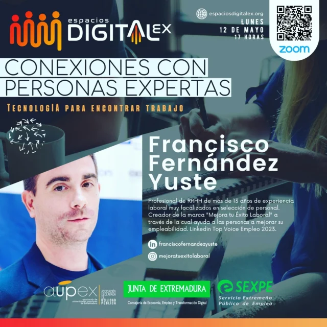 📣 ¡Nueva Conexión con personas expertas!⁣
⁣
📌 Con motivo del #DíadeInternet, el próximo lunes celebramos el encuentro online ‘𝗧𝗲𝗰𝗻𝗼𝗹𝗼𝗴𝗜𝗔 𝗽𝗮𝗿𝗮 𝗲𝗻𝗰𝗼𝗻𝘁𝗿𝗮𝗿 𝘁𝗿𝗮𝗯𝗮𝗷𝗼’. ⁣
⁣
Nos acompañará 𝗙𝗿𝗮𝗻𝗰𝗶𝘀𝗰𝗼 𝗙𝗲𝗿𝗻á𝗻𝗱𝗲𝘇 𝗬𝘂𝘀𝘁𝗲, profesional de Recursos Humanos con más de trece años de experiencia laboral centrada en selección de personal. ⁣
⁣
💼 Francisco es creador de la marca ‘Mejora tu Éxito Laboral’, con la que ayuda a personas a mejorar su empleabilidad. Linkedin Top Voice Empleo 2023.⁣
⁣
🗓️ Fecha: 12 de mayo, a las 17 horas.⁣

✍️ Acceso es gratuito a través de este enlace de Zoom, previa inscripción: https://zoom.us/webinar/register/WN_9HHwaCF-RoqeM5HOmxrwZw 

#experienciaTIC #empleabilidad #tecnologíayTrabajo #DíadeInternet #DDI #DDI2025 #DíadeInternet2025
